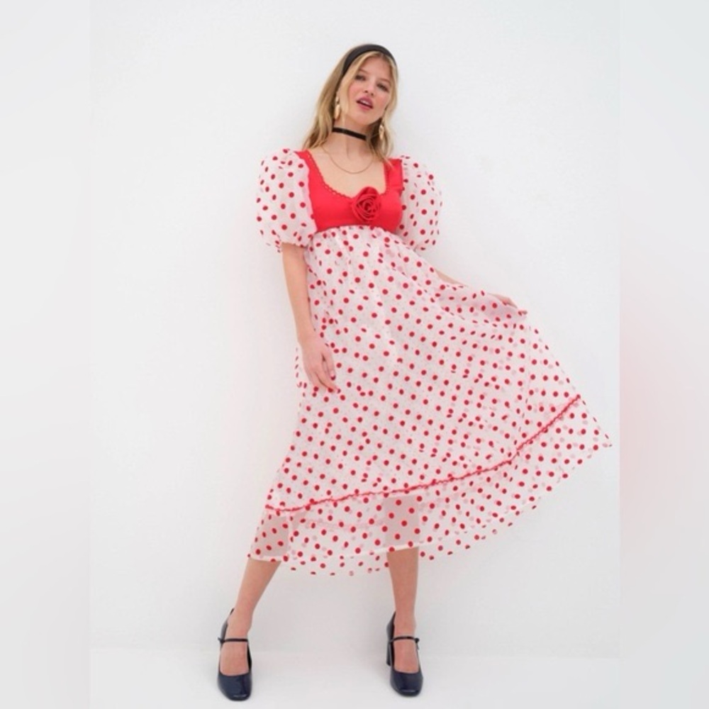 NWT Love & Lemons Rhoda Midi Red and White Polka Dot Dress